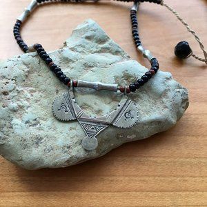 Authentic Vintage Tuareg Silver and Onyx Bead Necklace with Small Arced Pendant